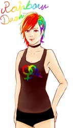 Size: 676x1183 | Tagged: safe, artist:jizzanthepuss, rainbow dash, human, g4, female, gay pride flag, humanized, lesbian, lesbow dash, lgbt, pride, solo