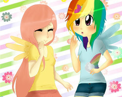 Size: 900x720 | Tagged: safe, artist:mylittlerennie, fluttershy, rainbow dash, butterfly, human, g4, clothes, duo, humanized, shorts, t-shirt, winged humanization