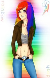 Size: 719x1111 | Tagged: safe, artist:mylittlerennie, rainbow dash, human, g4, clothes, female, humanized, jacket, jeans, midriff, pants, solo, tank top