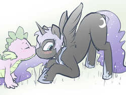 Size: 640x480 | Tagged: safe, artist:justpony, nightmare moon, spike, alicorn, dragon, pony, g4, 2ch, age difference, blushing, cute, eyes closed, face down ass up, female, kissing, looking away, male, ship:spikemoon, shipping, shy, spikabetes, spread wings, straight