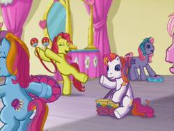 Size: 640x480 | Tagged: safe, screencap, fiesta flair, mish mash mee, pinkie pie (g3), sunny daze (g3), tink-a-tink-a-too, g3, pinkie pie and the ladybug jamboree, butt, cymbals, drums, maracas, musical instrument, plot, tambourine