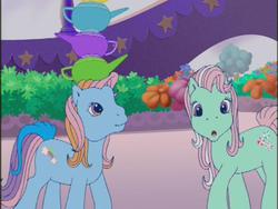 Size: 640x480 | Tagged: safe, screencap, minty, rainbow dash (g3), earth pony, pony, a charming birthday, g3, :o, balancing, cup, cute, duo, duo female, female, mare, open mouth, ponyville (g3), teapot
