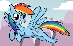 Size: 4750x3000 | Tagged: safe, artist:shinodage, rainbow dash, pony, g4, female, flying, smirk, solo