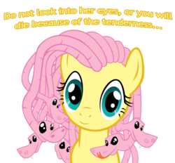 Size: 900x836 | Tagged: safe, artist:azure-vortex, fluttershy, gorgon, pegasus, pony, snake, g4, cute, fangs, female, forked tongue, greek mythology, looking at you, medusa, medusashy, shmuck bait, simple background, smiling, solo, transparent background, vector, you are already dead