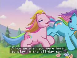 Size: 640x480 | Tagged: safe, screencap, rainbow dash (g3), rarity (g3), g3, greetings from unicornia, lore, song, subtitles, sun, wish you were here (song)