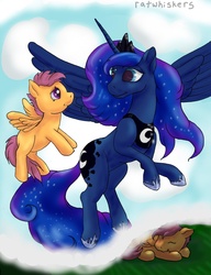 Size: 950x1237 | Tagged: safe, artist:ratwhiskers, princess luna, scootaloo, g4, dream, dream walker luna, duo, scootaloo can fly, scootaloo can't fly, sleeping