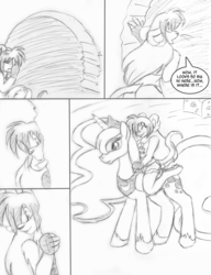 Size: 700x912 | Tagged: safe, artist:akuoreo, princess luna, oc, oc:natalia, mouse, pony, anthro, g4, anthro with ponies, anthros riding ponies, brony, comic, dialogue, eyes closed, figurine, furry, furry oc, human to anthro, male to female, monochrome, mouse hole, open mouth, riding, rule 63, smiling, speech bubble, tiny, tiny ponies, transformation, transgender transformation
