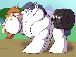 Size: 1280x962 | Tagged: safe, artist:sb, oc, oc only, oc:sad sack, oc:snow cream, buff, muscles, overdeveloped muscles