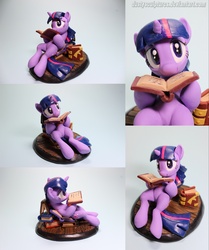 Size: 2093x2500 | Tagged: safe, artist:dustysculptures, twilight sparkle, pony, unicorn, g4, adorkable, belly, book, book of harmony, cute, dork, female, hoof hold, lying down, mare, on back, sculpture, smiling, solo, that pony sure does love books, unicorn twilight