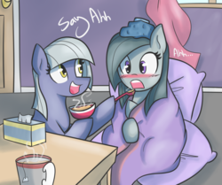 Size: 1850x1550 | Tagged: safe, artist:blackswhites, limestone pie, marble pie, earth pony, pony, g4, big sister, big sister instinct, blanket, blushing, cute, duo, female, friendly, ice pack, mare, sibling bonding, siblings, sick, sisters, smiling, soup, tea, tissue box, when she smiles