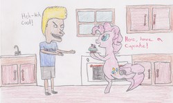 Size: 3300x1965 | Tagged: safe, artist:darkknighthoof, pinkie pie, earth pony, human, pony, g4, beavis, beavis and butthead, bipedal, crossover, cupcake, duo, duo male and female, female, human male, male, mare, traditional art