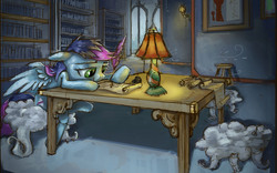 Size: 2408x1500 | Tagged: safe, artist:ruffu, oc, oc only, pegasus, pony, feather, lamp, paper, quill, scroll, solo, table, writing