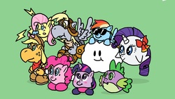Size: 1920x1080 | Tagged: safe, artist:shyguyxxl, applejack, fluttershy, pinkie pie, rainbow dash, rarity, spike, twilight sparkle, bob-omb, goomba, koopa paratroopa, koopa troopa, lakitu, lil sparky, g4, bomb, bombette, bow, cloud, cowboy hat, flying, freckles, goombario, green background, hat, hilarious in hindsight, horn, koopafied, kooper, lady bow, lady rariboo, lakilester, lakitu cloud, looking up, mailbag, mane seven, mane six, nintendo, paper mario, parakarry, scrunchy face, simple background, smiling, species swap, style emulation, sunglasses, super mario bros., video game, wings