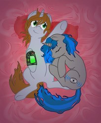 Size: 761x926 | Tagged: safe, artist:hobra-hobra, oc, oc only, oc:homage, oc:littlepip, pony, unicorn, fallout equestria, bed, bed mane, curled up, cutie mark, duo, eyes closed, fanfic, fanfic art, female, hooves, horn, lesbian, mare, oc x oc, on back, on side, pillow, pipboy, pipbuck, ship:pipmage, shipping, sleeping, smiling