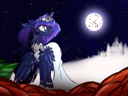 Size: 800x600 | Tagged: dead source, safe, artist:ruby-sunrise, princess luna, alicorn, pony, g4, clothes, dress, female, looking back, moon, solo