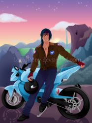 Size: 774x1033 | Tagged: safe, artist:lotuspony, rainbow dash, human, g4, helmet, humanized, motorcycle, motorcycle helmet, mountain, rainbow blitz, rule 63, solo, sunrise, waterfall