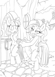 Size: 650x918 | Tagged: safe, artist:kandlin, trixie, twilight sparkle, unicorn, anthro, unguligrade anthro, g4, both cutie marks, female, lesbian, lineart, monochrome, present, ship:twixie, shipping, unicorn twilight