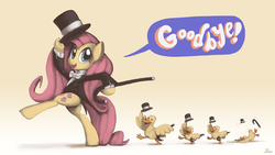 Size: 3200x1800 | Tagged: safe, artist:docwario, fluttershy, duck, pegasus, pony, g4, bipedal, cane, clothes, ducks in a row, faceplant, female, goodbye, gradient background, hat, hoof hold, mare, parade of ducks, top hat, tripped, tuxedo, wallpaper
