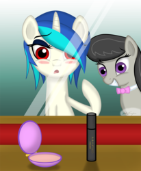 Size: 1000x1213 | Tagged: safe, artist:boxedsurprise, dj pon-3, octavia melody, vinyl scratch, g4, amused, blushing, female, lesbian, makeover, makeup, mirror, octavia is amused, ship:scratchtavia, shipping, vinyl class