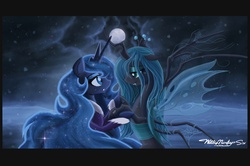 Size: 3307x2199 | Tagged: safe, artist:walliscolours, princess luna, queen chrysalis, alicorn, changeling, changeling queen, pony, g4, chrysaluna, female, lesbian, letterboxing, moon, shipping