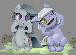 Size: 397x289 | Tagged: safe, artist:gatodelfuturo, edit, limestone pie, marble pie, earth pony, pony, g4, :p, animated, cross-eyed, cute, duo, female, filly, funny face, looking at you, one eye closed, open mouth, pie sisters, silly, silly face, sitting, smiling, tongue out, wink