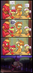 Size: 749x1655 | Tagged: safe, artist:siden, apple bloom, applejack, big macintosh, granny smith, earth pony, pony, g4, :t, apple, applebuse, bindle, comic, cowboy hat, dishonorapple, disowned, eyes closed, floppy ears, frown, hat, heresy, intolerance, male, pie, salt sphere, smiling, stallion, stetson, sugarcube, surprised, wide eyes