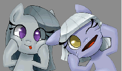 Size: 466x272 | Tagged: safe, artist:gatodelfuturo, limestone pie, marble pie, earth pony, pony, g4, :i, :p, animated, cheek squish, cute, duo, eye clipping through hair, female, floppy ears, funny faces, looking at you, no pupils, open mouth, pie sisters, silly, smiling, squishy cheeks, tongue out, wink
