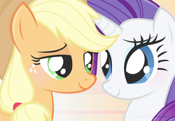 Size: 1280x891 | Tagged: safe, artist:vivian reed, applejack, rarity, pony, g4, bedroom eyes, blushing, female, lesbian, looking at each other, ship:rarijack, shipping, smiling