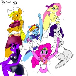 Size: 900x900 | Tagged: safe, artist:darkonix, applejack, fluttershy, pinkie pie, rainbow dash, rarity, twilight sparkle, anthro, g4, 30 minute art challenge, mane six, sailor moon (series)