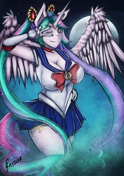 Size: 761x1080 | Tagged: dead source, safe, artist:rayzor-sharp, princess celestia, alicorn, anthro, g4, costume, human facial structure, sailor moon (series)