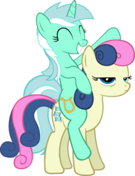 Size: 3830x5000 | Tagged: safe, artist:artpwny, bon bon, lyra heartstrings, sweetie drops, earth pony, pony, unicorn, g4, absurd resolution, bipedal, bon bon is not amused, cute, duo, excited, eyes closed, female, frown, glare, grin, happy, lidded eyes, lyra riding bon bon, lyrabetes, mare, ponies riding ponies, raised hoof, riding, riding a pony, simple background, smiling, transparent background, unamused