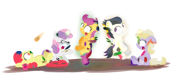 Size: 4200x1800 | Tagged: safe, artist:dtcx97, apple bloom, dinky hooves, rumble, scootaloo, sweetie belle, post-crusade, g4, cutie mark crusaders, glasses, magic, paint, paint on fur