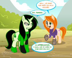 Size: 900x731 | Tagged: safe, artist:rinacat, earth pony, pony, unicorn, crossover, duo, duo female, female, kim possible, kim possible (character), ponified, shego