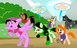 Size: 900x562 | Tagged: safe, artist:nslc, artist:rinacat, pegasus, pony, unicorn, crossover, eight legs, kim possible, kim possible (character), monique, multiple legs, multiple limbs, ponified, ron stoppable, shego, sleipnir