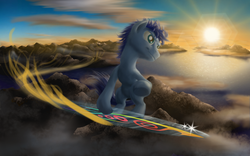 Size: 5669x3543 | Tagged: safe, artist:yalcahoon, absurd resolution, flying, scenery, surfboard, trail