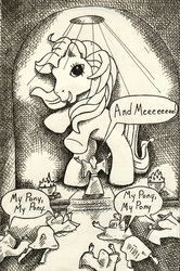 Size: 728x1098 | Tagged: safe, artist:evoluzione, earth pony, human, pony, g3, 2013, ambiguous gender, black and white, bowing, crosshatch, cthulhu mythos, cult, cultist, female, fire, grayscale, mare, monochrome, rearing, statue, traditional art, unknown pony