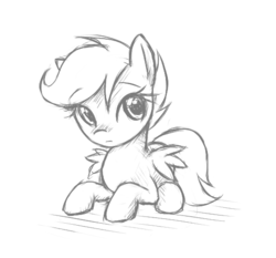 Size: 520x484 | Tagged: safe, artist:fajeh, scootaloo, pegasus, pony, g4, cute, cutealoo, female, filly, foal, lying down, monochrome, prone, simple background, sketch, solo, white background