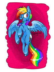 Size: 1200x1600 | Tagged: source needed, useless source url, safe, artist:vengefulwolf74, rainbow dash, pegasus, pony, g4, female, flying, mare, signature, smiling, solo, spread wings, unshorn fetlocks, wings