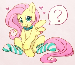 Size: 1280x1113 | Tagged: safe, artist:asksluttershy, fluttershy, pegasus, pony, ask sluttershy, g4, adorasexy, blushing, clothes, collar, cute, female, heart, looking at you, question mark, sexy, shyabetes, sitting, smiling, socks, solo, speech bubble, striped socks, stupid sexy fluttershy