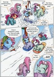 Size: 607x859 | Tagged: safe, official comic, minty, rainbow dash (g3), sparkleworks, sunny daze (g3), g3, clothes, coat, sledge, snow, snowball fun