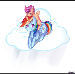 Size: 1015x1001 | Tagged: safe, artist:meewin, rainbow dash, scootaloo, g4, cloud, scootalove