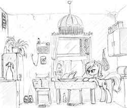 Size: 1136x968 | Tagged: safe, artist:madhotaru, oc, oc only, oc:volga pony, pony, cooking, kitchen, monochrome, ponies eating meat, russian, solo, soviet