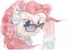 Size: 1062x751 | Tagged: safe, artist:quiet-victories, pinkie pie, g4, clothes, cutie mark headphones, grin, headphones, looking at you, shirt, sunglasses, tattoo, traditional art
