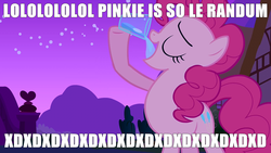 Size: 1280x720 | Tagged: safe, edit, edited screencap, screencap, pinkie pie, earth pony, pony, g4, magical mystery cure, drinking, eyes closed, female, hoof hold, image macro, impact font, le, mare, open mouth, pinkie drama, solo, water, worst pony, xd