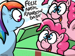 Size: 800x600 | Tagged: safe, artist:pokehidden, pinkie pie, rainbow dash, g4, my little pony: friendship is magic, too many pinkie pies, christmas, pinkie clone, portuguese, trio