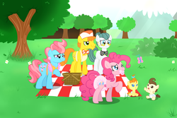 Size: 1650x1100 | Tagged: safe, artist:fillyscoots42, carrot cake, cloudy quartz, cup cake, pinkie pie, pound cake, pumpkin cake, earth pony, pony, g4, adult foal, baby, cake family, cake twins, diaper, diaper fetish, female, male, mare, non-baby in diaper, pacifier, picnic, poofy diaper, stallion