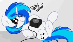 Size: 1166x685 | Tagged: dead source, safe, artist:fribox, dj pon-3, vinyl scratch, pony, unicorn, g4, bellyrubs, cute, female, legs in air, looking at you, on back, pun, smiling, solo, underhoof, vinylbetes, wub