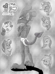 Size: 900x1200 | Tagged: safe, artist:edisonvorpal, applejack, fluttershy, pinkie pie, rainbow dash, rarity, spike, twilight sparkle, dragon, g4, butt, clothes, diaper, diaper fetish, mane seven, mane six, monochrome, non-baby in diaper, older, older spike, partial nudity, teenage spike, teenaged dragon, teenager, topless