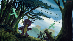 Size: 1920x1080 | Tagged: safe, artist:chocolatesun, spike, dragon, g4, animal, dark, forest, male, scenery, solo, walking