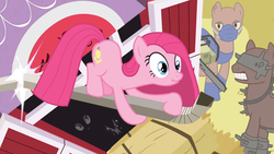 Size: 960x540 | Tagged: safe, artist:etonyoc, edit, edited screencap, screencap, pinkie pie, cyborg, g4, magical mystery cure, barn, chainsaw, crossover, face mask, fleshpound, killing floor, multiple eyes, mutant, pinkamena diane pie, ponified, scrunchy face, stalker, water chute